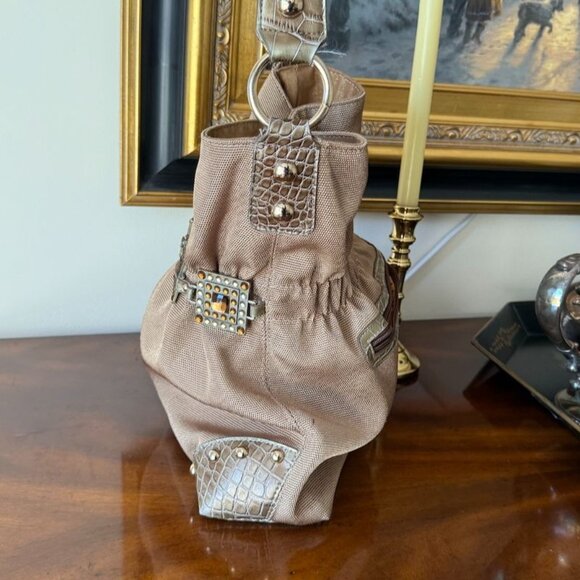 Kathy Van Zeeland Gold Jewel Embellished Shoulder Bag Croc Trim  Back Pocket - Picture 4 of 15
